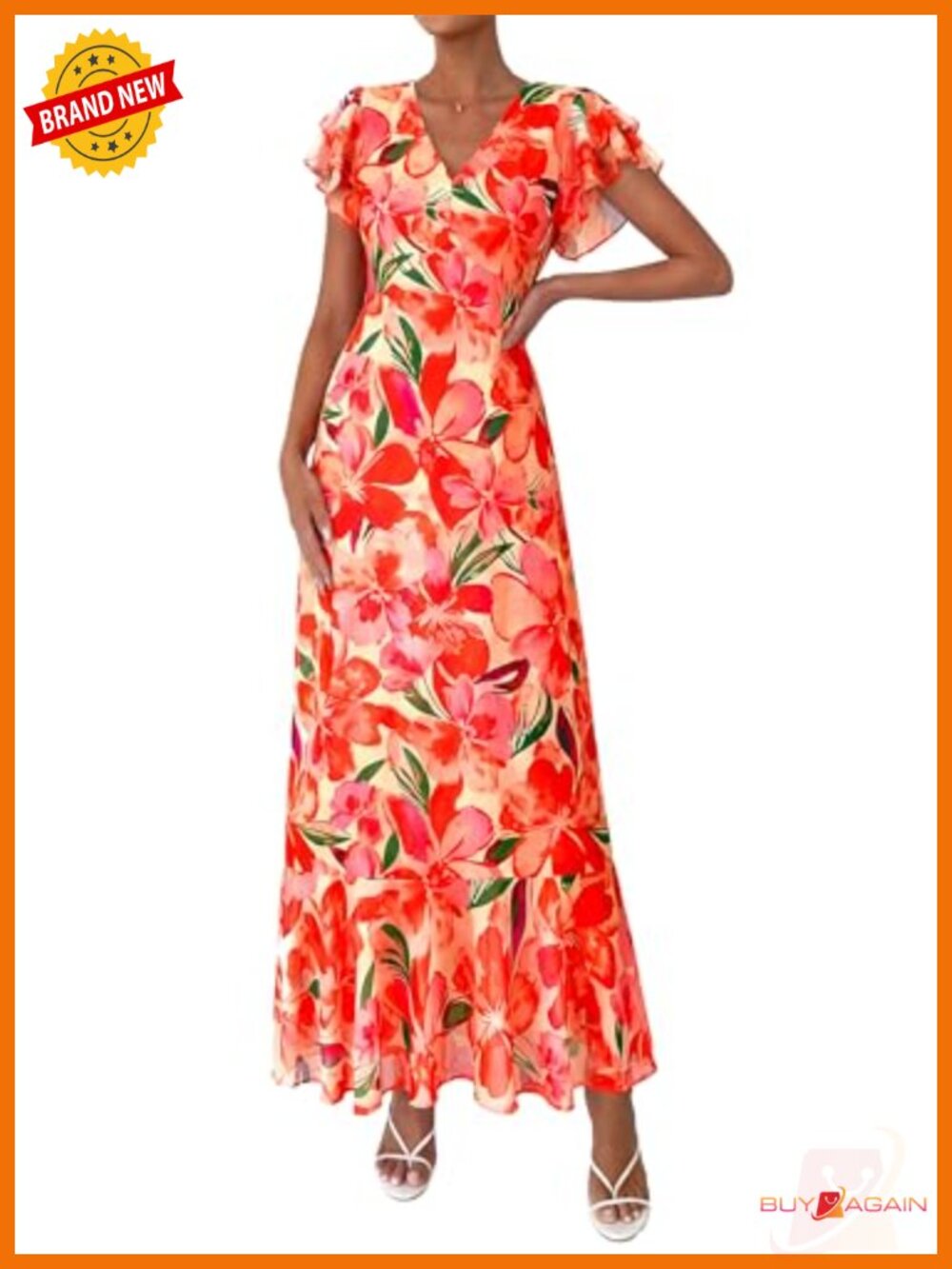 Womens Boho Floral Maxi Dress Ruffle Sleeve V-Neck Flowy Beach Sundress